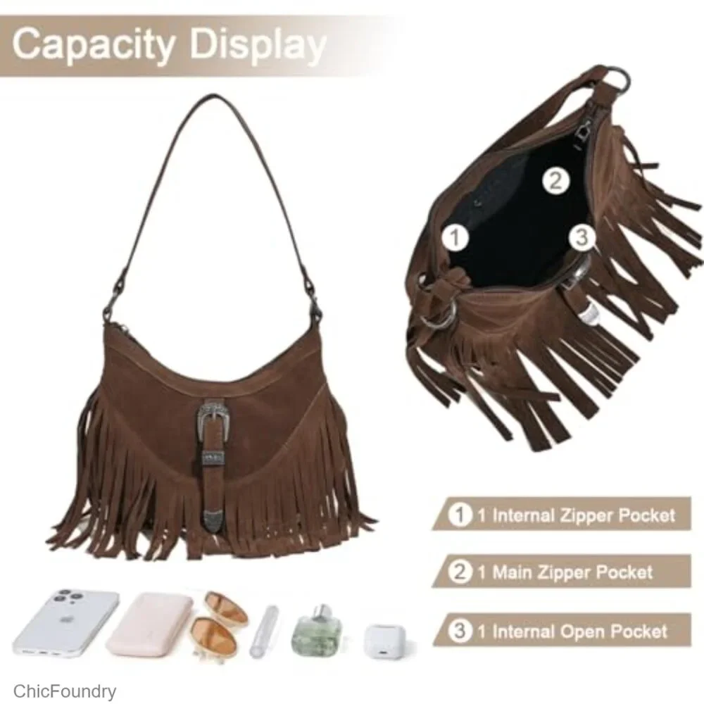 Small Fringe Hobo Shoulder Bag with Tassel, Adjustable Strap, Vintage Style